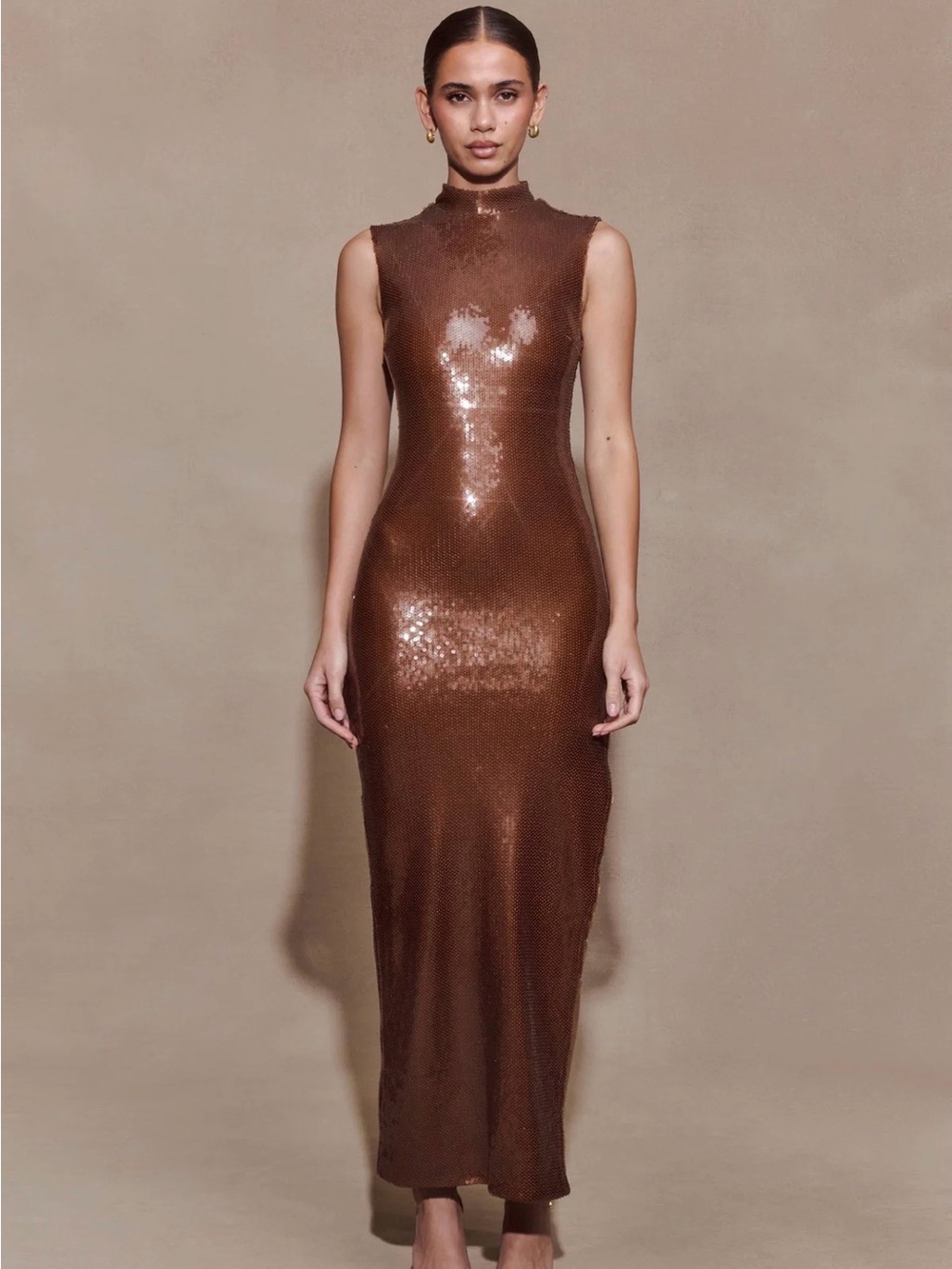 Sleeveless Sequin Maxi Dress in Brown